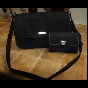 LIZ CLAIBORNE Black Leather & Nylon Bag & Wallet
